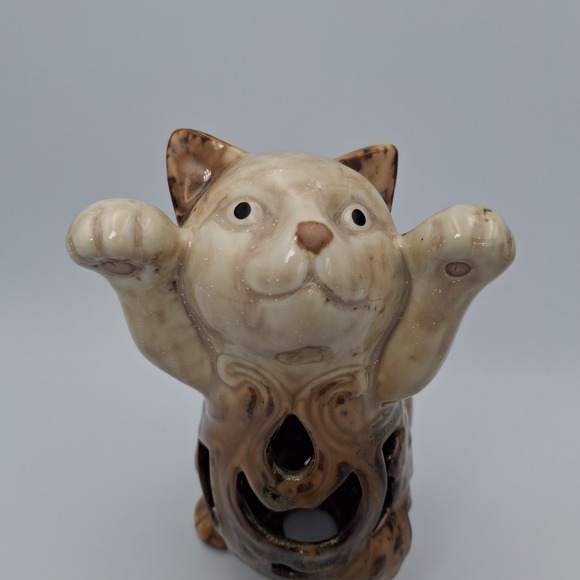 MCM Ceramic Cat Figurine Collectible Artist Handmade 7" Tall Brown Hollow Beging - Picture 2 of 10